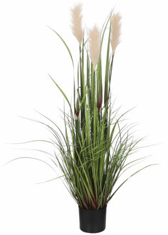Mica Decorations Kunstgras/gras kunstplant met pluimen - groen/creme H120 x D45 cm - op stevige plug