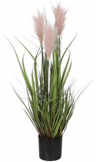 Mica Decorations Kunstgras/gras kunstplant met pluimen - groen/roze H80 x D35 cm - op stevige plug