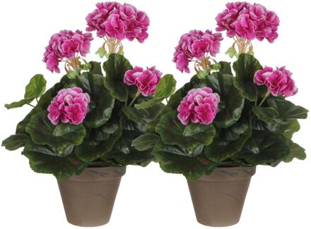 Mica Decorations Kunstplant - 2x - geranium - paars - in pot - 34 cm