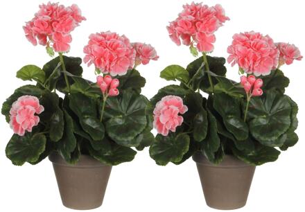 Mica Decorations Kunstplant - 2x - geranium - perzik - in pot - 34 cm