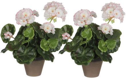 Mica Decorations Kunstplant - 2x - geranium - wit/roze - in pot - 34 cm