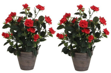 Mica Decorations Kunstplant - 2x - rozen - rood - in grijze pot - 33 cm