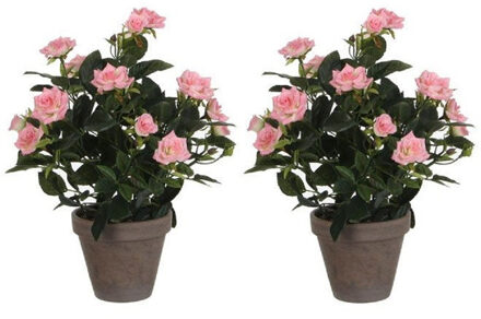 Mica Decorations Kunstplant - 2x - rozen - roze - in grijze pot - 33cm - kunst roos