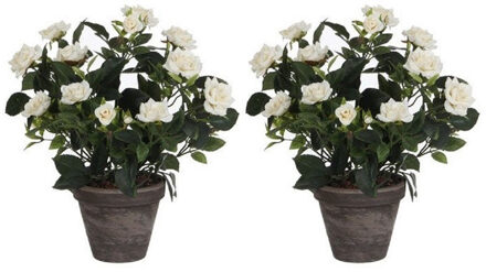 Mica Decorations Kunstplant - 2x - rozen - wit - in grijze pot - 33 cm