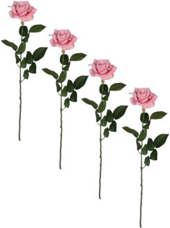 Mica Decorations Kunstplant bloem - 4x - roos - roze - 66 cm - kunstbloemen/tak - kunststof decoratie