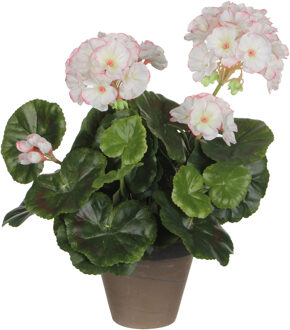 Mica Decorations Kunstplant - geranium - wit/roze - in pot - 34 cm