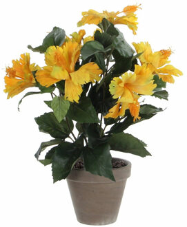 Mica Decorations Kunstplant Hibiscus - geel - H40 x D30 cm - grijze pot