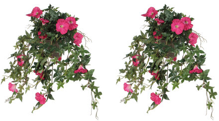 Mica Decorations Kunstplant Petunia - 2x - donkerroze - 50 cm - kunst hangplanten