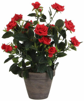 Mica Decorations Kunstplant - rozen - rood - in grijze pot - 33 cm