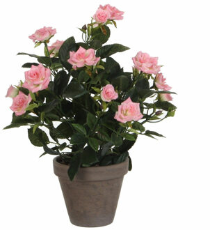 Mica Decorations Kunstplant - rozen - roze - in grijze pot - 33cm - kunst roos