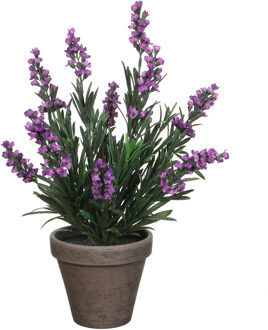 Mica Decorations Lavendel kunstplant/kamerplant paars in grijze sierpot H33 cm x D20 cm