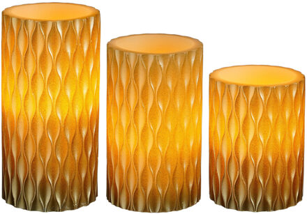 Mica Decorations LED kaarsen/stompkaarsen set - 3x stuks - goud - 10/12,5/15 cm