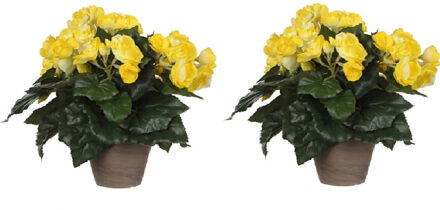 Mica Decorations Mica Decoration Kunstplant - 2x - begonia - geel - in pot - 30 cm - nepplanten