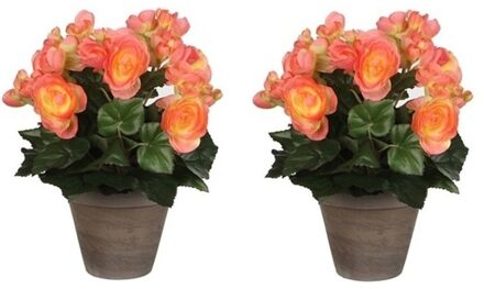 Mica Decorations Mica Decoration Kunstplant - 2x - begonia - zalmroze - in pot - 25 cm - nepplanten