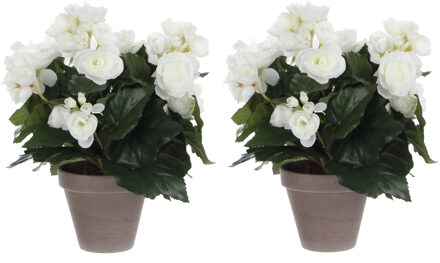 Mica Decorations Mica Decoration Kunstplant - 2x stuks - begonia - wit - in pot - 30 cm - nepplanten