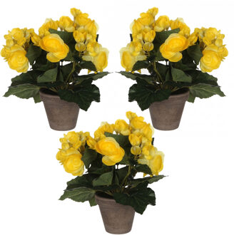 Mica Decorations Mica Decoration Kunstplant - 3x stuks - begonia - geel - in pot - 25 cm - nepplanten