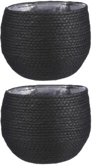 Mica Decorations Naturel zwart rotan planten pot mand van gedraaid jute/riet H19 en D22 cm