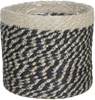 Mica Decorations Naturel zwart rotan planten pot mand van gedraaid jute/riet H20 en D20 cm