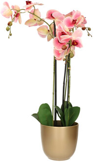 Mica Decorations Orchidee kunstplant roze - 75 cm - inclusief bloempot goud glans - Kunstplanten Goudkleurig