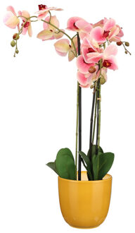 Mica Decorations Orchidee kunstplant roze - 75 cm - inclusief bloempot okergeel glans - Kunstplanten