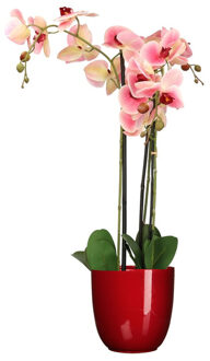 Mica Decorations Orchidee kunstplant roze - 75 cm - inclusief bloempot rood glans - Kunstplanten