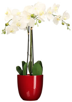 Mica Decorations Orchidee kunstplant wit - 75 cm - inclusief bloempot rood glans - Kunstplanten