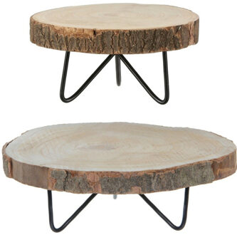 Mica Decorations Pia Plant verhoger - 2x - hout-metaal - H14 x D40 - H14 x D29 cm - Bijzettafels Beige