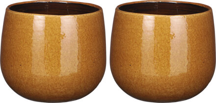 Mica Decorations Plant pot - 2x - ceramic - ochre yellow - slightly mottled - 18x16cm