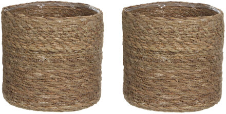 Mica Decorations Plantenmand - 2x stuks - naturel bruin - rotan - 16 cm