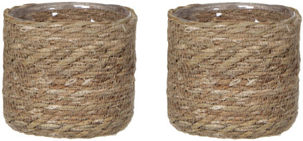Mica Decorations Plantenmand - 2x stuks - rotan - naturel met bruin - 14 x14 cm - Met plastic binnenkant