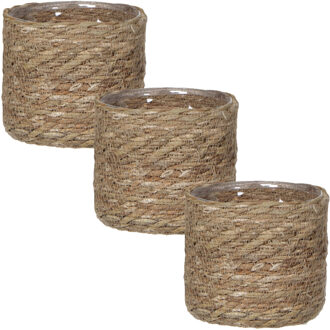 Mica Decorations Plantenmand - 3x stuks - rotan - naturel met bruin - 14 x14 cm - Met plastic binnenkant