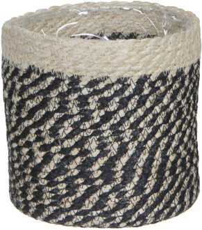 Mica Decorations Plantenmand - naturel met zwart - rotan - 16 cm