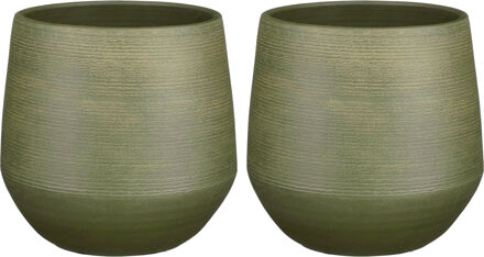 Mica Decorations Plantenpot - 2x - donkergroen - relief patroon - keramiek - D24/H23 cm - bloempot
