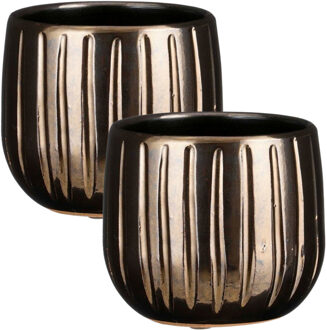 Mica Decorations Plantenpot - 2x - keramiek - brons glans / ribbels - D14 x H12 cm - bloempot Pablo