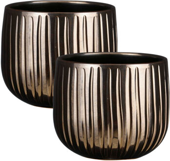 Mica Decorations Plantenpot - 2x - keramiek - brons glans / ribbels - D16 x H14 cm - bloempot Pablo