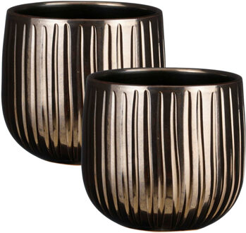 Mica Decorations Plantenpot - 2x - keramiek - brons glans / ribbels - D18 x H16 cm - bloempot Pablo