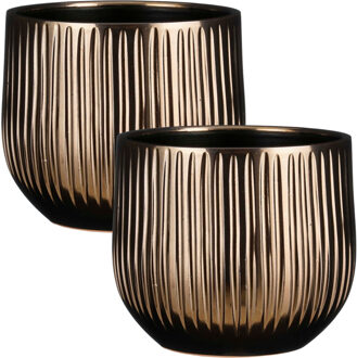 Mica Decorations Plantenpot - 2x - keramiek - brons glans / ribbels - D25 x H20 cm - bloempot Pablo