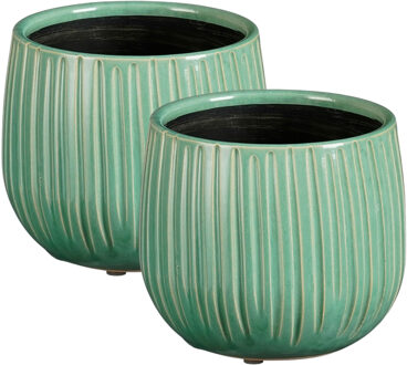 Mica Decorations Plantenpot - 2x - keramiek - groen glans / ribbels - D14 x H12 cm - bloempot Pablo