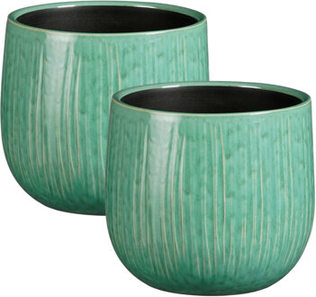 Mica Decorations Plantenpot - 2x - keramiek - groen glans / ribbels - D18 x H16 cm - bloempot Pablo
