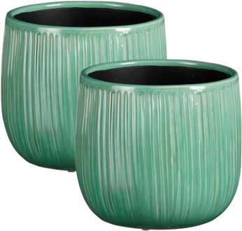 Mica Decorations Plantenpot - 2x - keramiek - groen glans / ribbels - D21 x H19 cm - bloempot Pablo