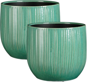 Mica Decorations Plantenpot - 2x - keramiek - groen glans / ribbels - D29 x H25 cm - bloempot Pablo