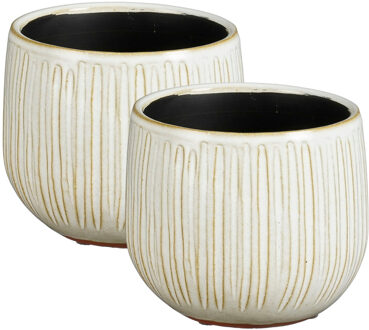 Mica Decorations Plantenpot - 2x - keramiek - wit glans / ribbels - D14 x H12 cm - bloempot Pablo