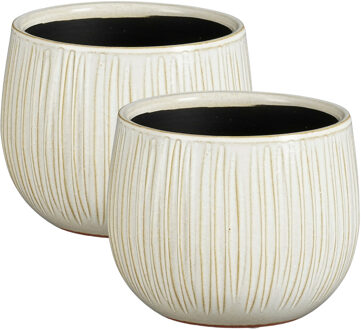Mica Decorations Plantenpot - 2x - keramiek - wit glans / ribbels - D16 x H14 cm - bloempot Pablo