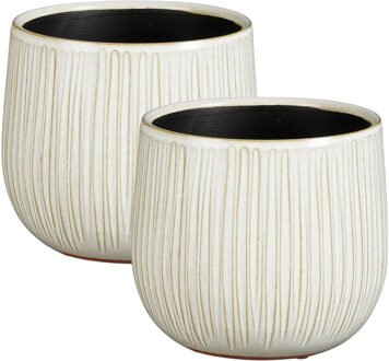 Mica Decorations Plantenpot - 2x - keramiek - wit glans / ribbels - D18 x H16 cm - bloempot Pablo