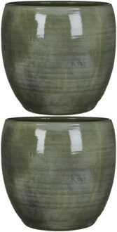 Mica Decorations Plantenpot - 2x stuks - groen - glans - keramiek - 33 x 31 cm