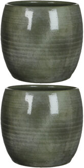 Mica Decorations Plantenpot - 2x stuks - groen - keramiek - 28 x 26 cm