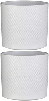 Mica Decorations Plantenpot - 2x stuks - wit - relief - keramiek - 23 x 21 cm