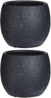 Mica Decorations Plantenpot - 2x stuks - zwart - mat - keramiek - 14 x 12 cm