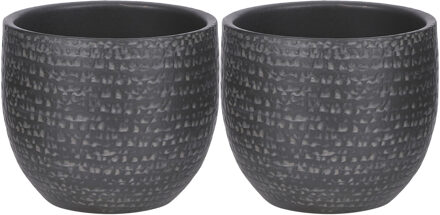 Mica Decorations Plantenpot/bloempot - 2x - Carrie - terracotta - zwart - flakes patroon - D16 x H14