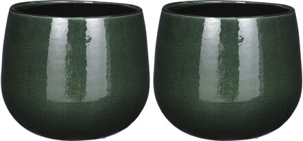 Mica Decorations Plantenpot/bloempot - 2x - donkergroen - D18/H16 cm - keramiek - speels licht gevlekt patroon